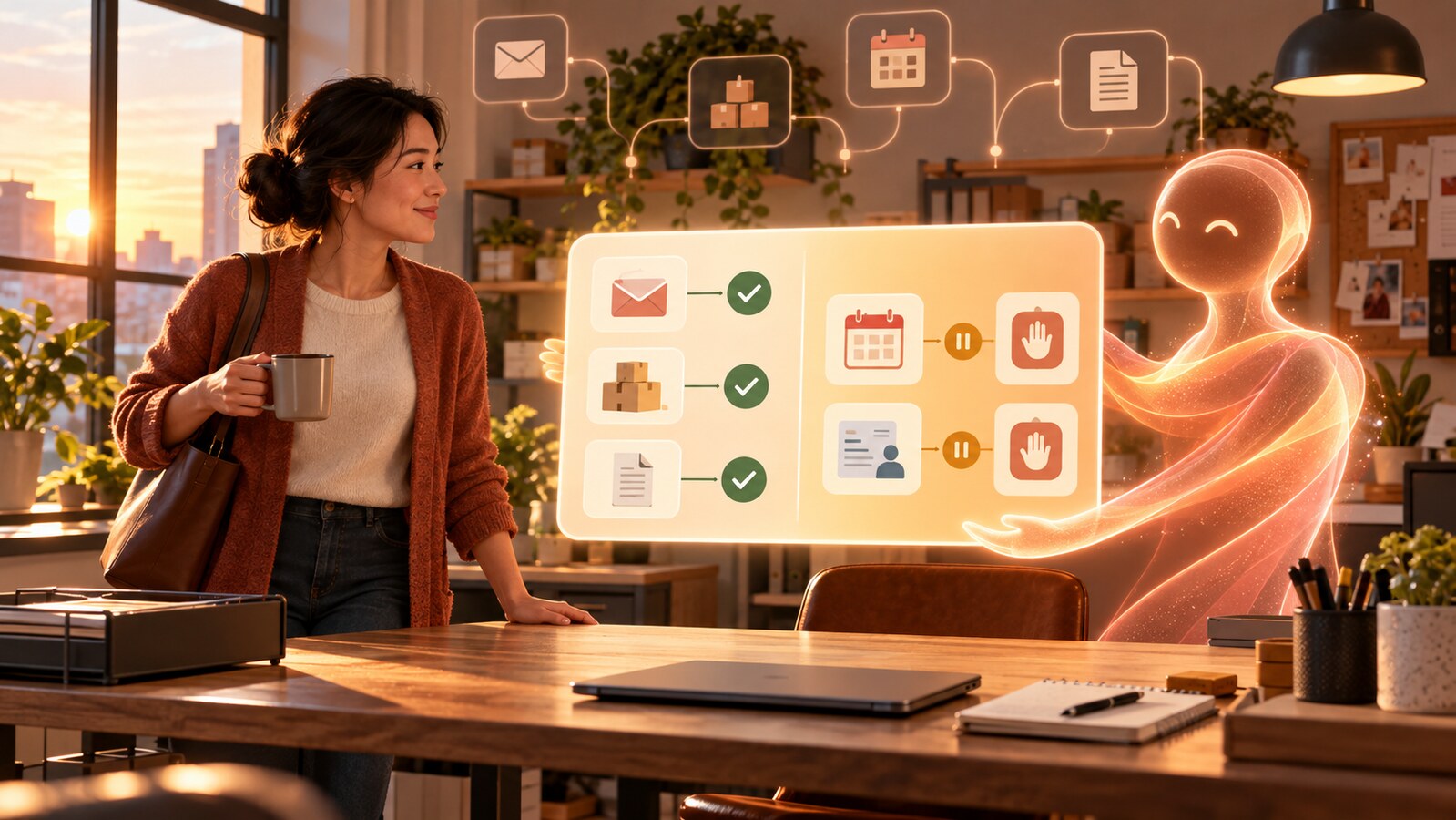 A small-business owner reviews a warm visual handoff board showing completed tasks and items paused for human approval while an abstract AI assistant waits beside it.