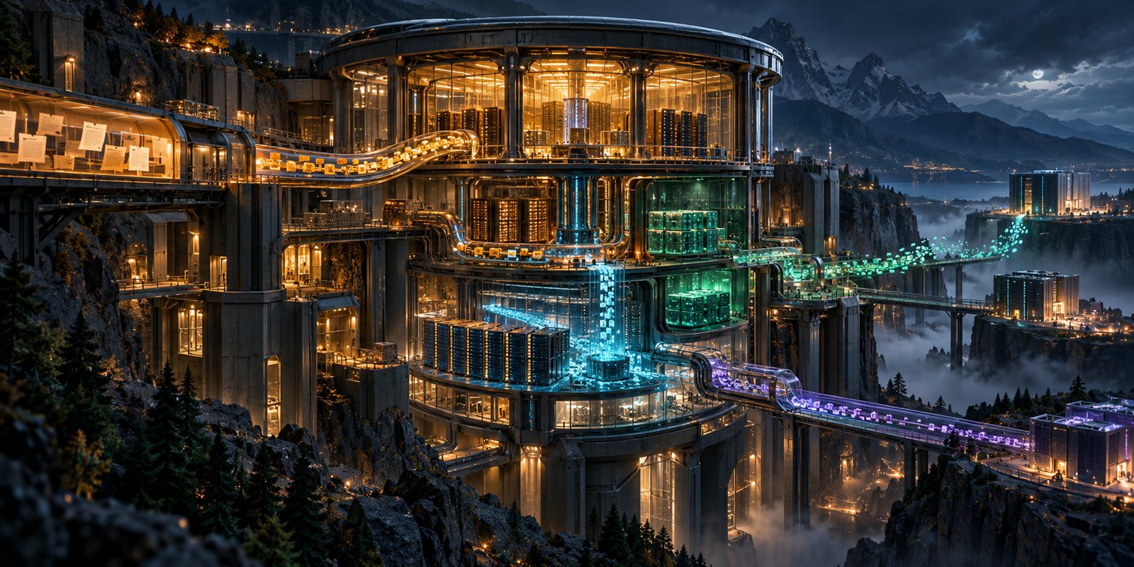A transparent technology installation reveals connected systems and controlled data routes.