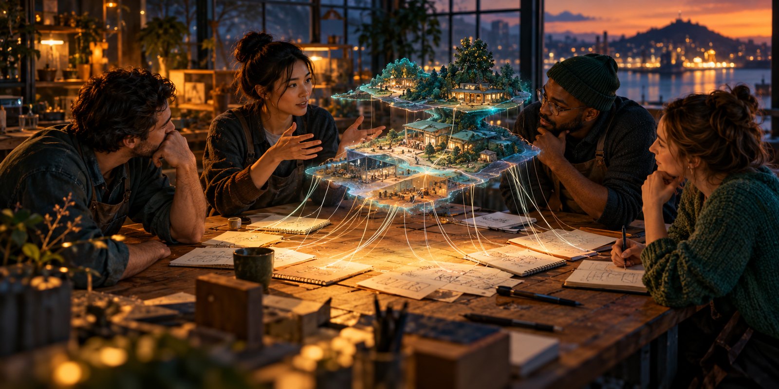 A team explores a shared workflow model in a futuristic workshop.