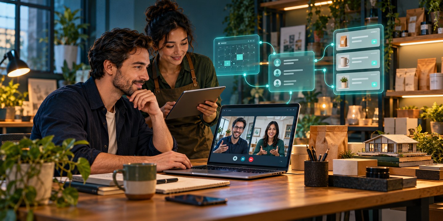 Independent business owners collaborate with remote specialists beside connected customer, calendar and order tools.