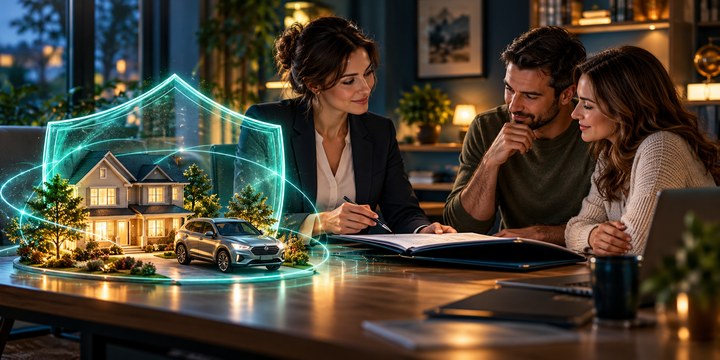 An insurance adviser reviews documents beside a glowing shield protecting a model house and car.