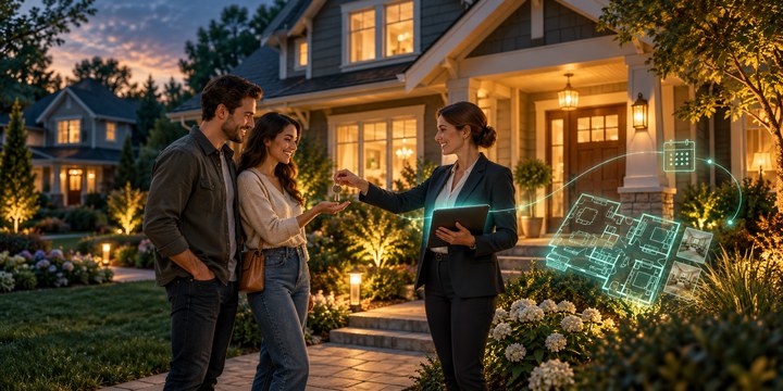 A real estate agent hands keys to clients outside a house, with a digital floor plan.