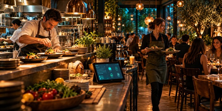 A chef plates food in a restaurant with diners, a waiter and a connected counter tablet.
