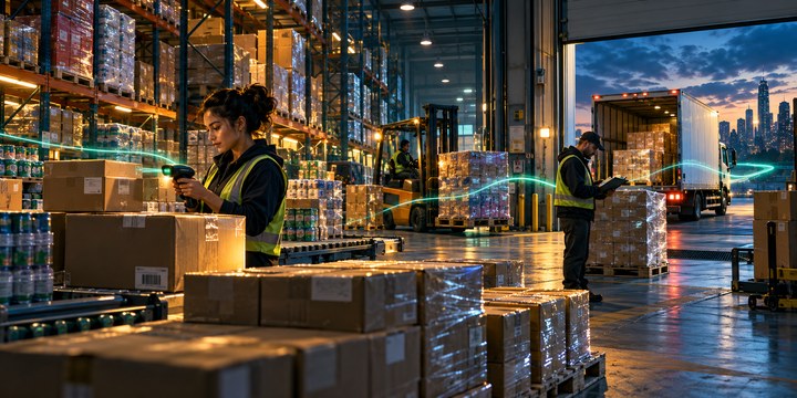 Warehouse staff scan cartons among pallet racks beside a delivery truck at the loading bay.